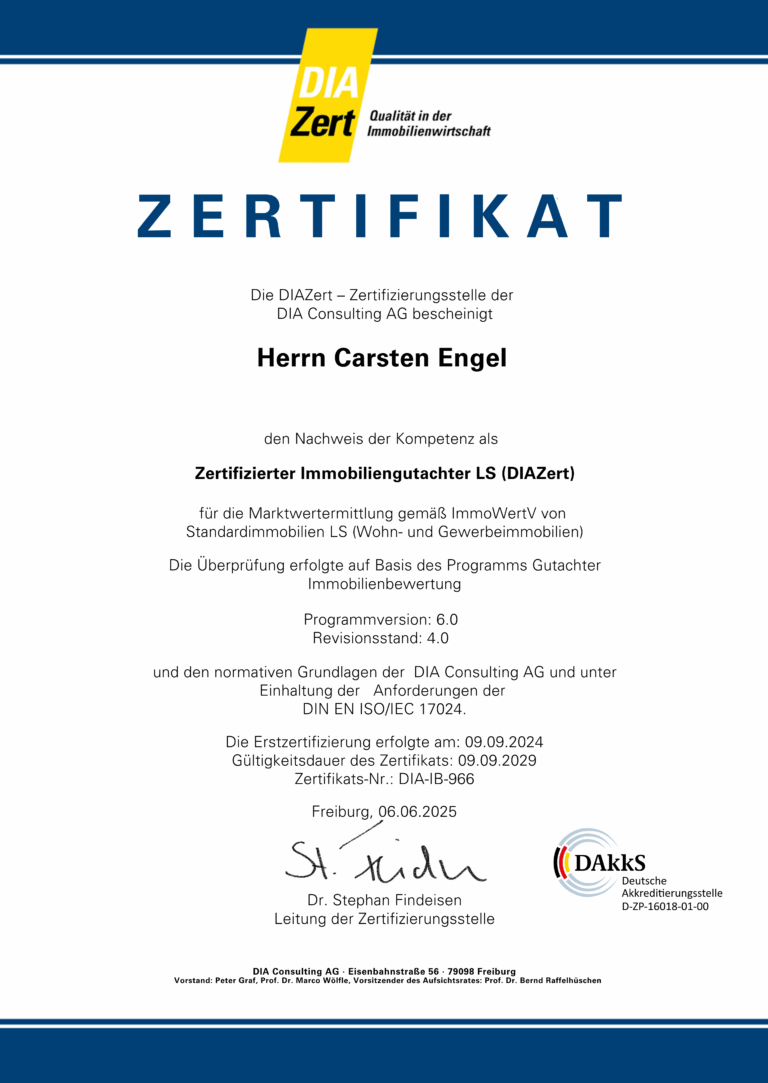 Carsten Engel ist „Zertifizierter Immobiliengutachter LS (DIA Zert)“
